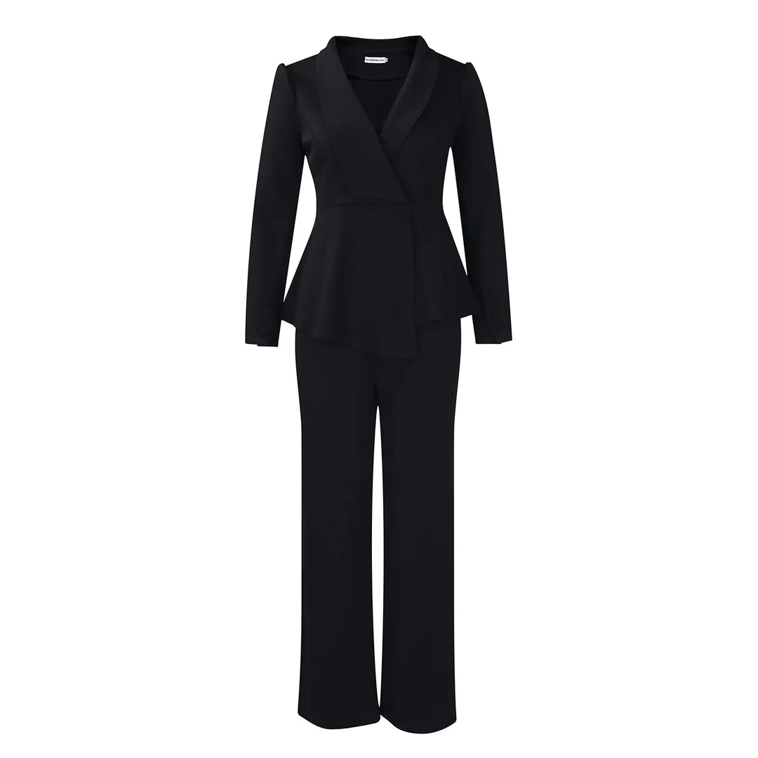Elegant black women's pantsuit with tailored blazer and wide-leg trousers on white background