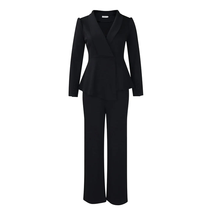 Elegant black women's pantsuit with tailored blazer and wide-leg trousers on white background
