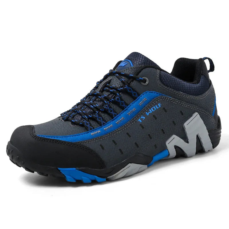 TS Wolf men's dark gray and blue hiking shoe with black toe cap and durable sole