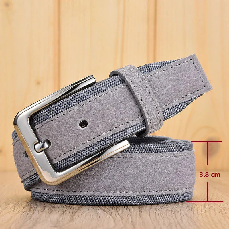 Gray suede men’s belt with silver buckle on wooden surface, 3.8 cm width measurement