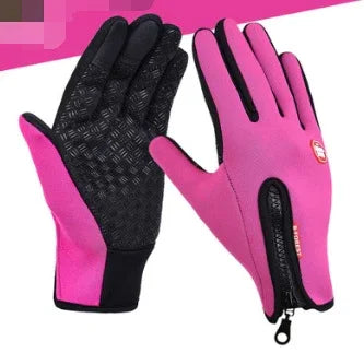 Pair of pink and black winter gloves with zipper and non-slip palm grip