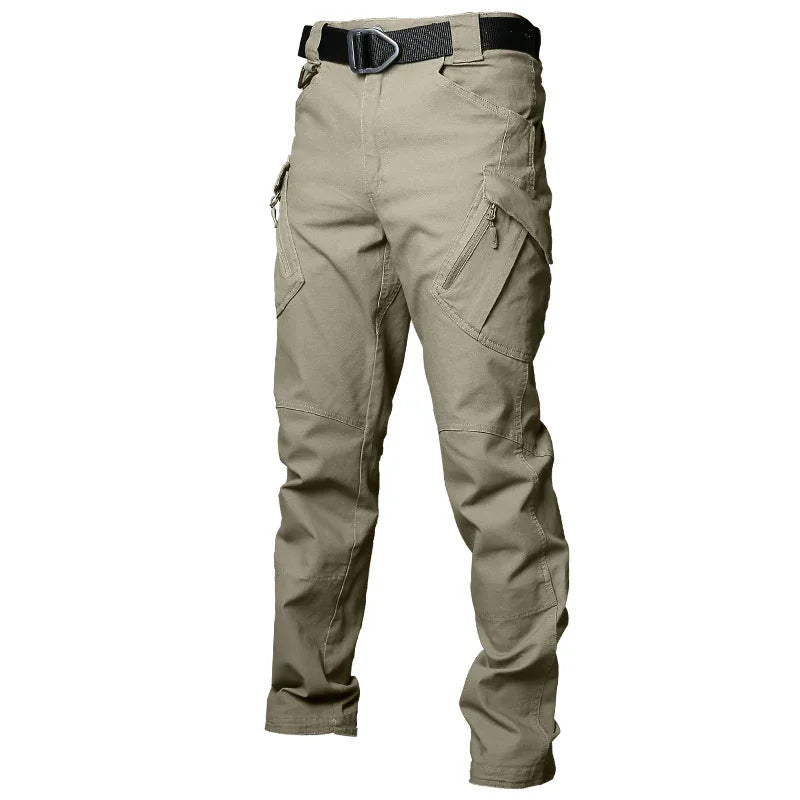 Men's tactical khaki cargo pants with zipper pockets and black belt on white background