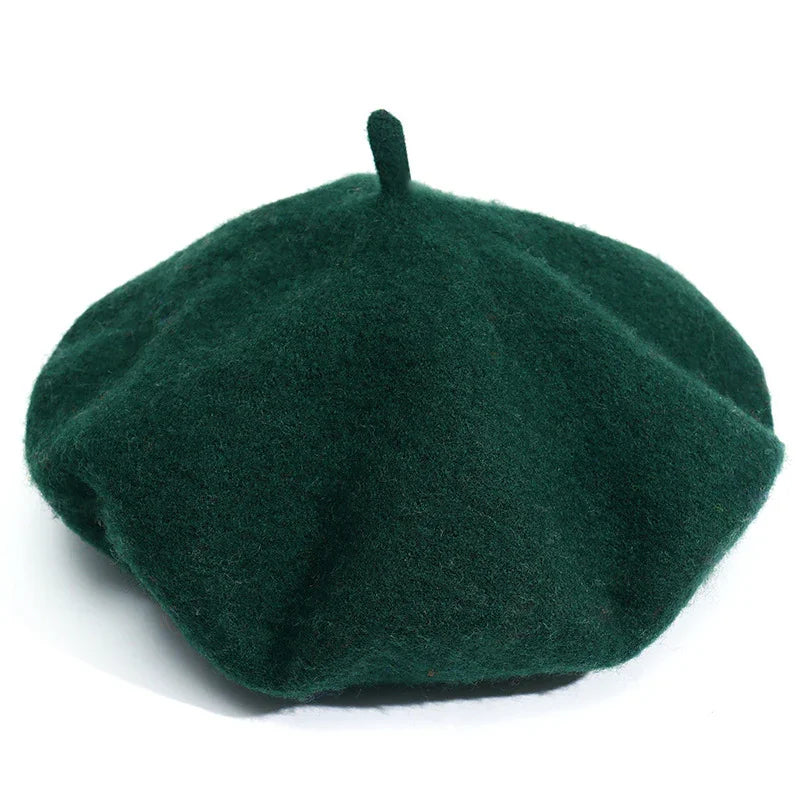 Dark green wool beret hat with classic round shape and small top stem
