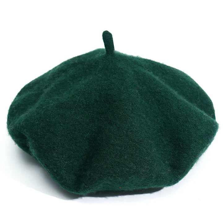 Dark green wool beret hat with classic round shape and small top stem
