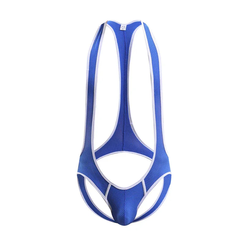 blue men's mesh one-piece underwear with white trim on white background