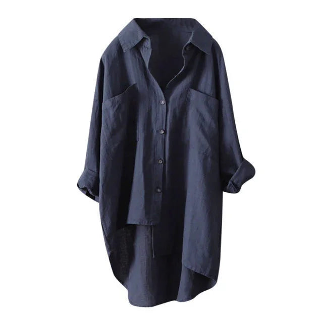 Navy blue oversized button-up shirt with rolled sleeves and two chest pockets