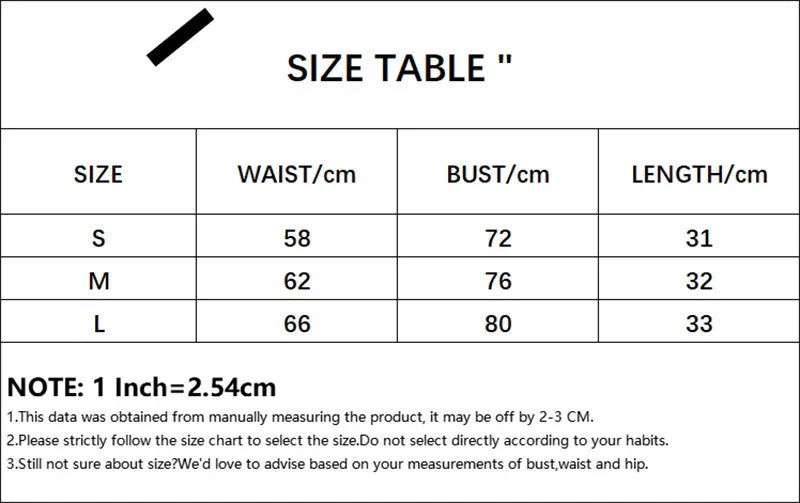 Size chart table showing waist, bust, and length measurements in cm for S, M, L with sizing notes