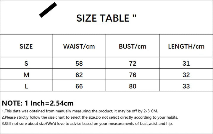 Size chart table showing waist, bust, and length measurements in cm for S, M, L with sizing notes