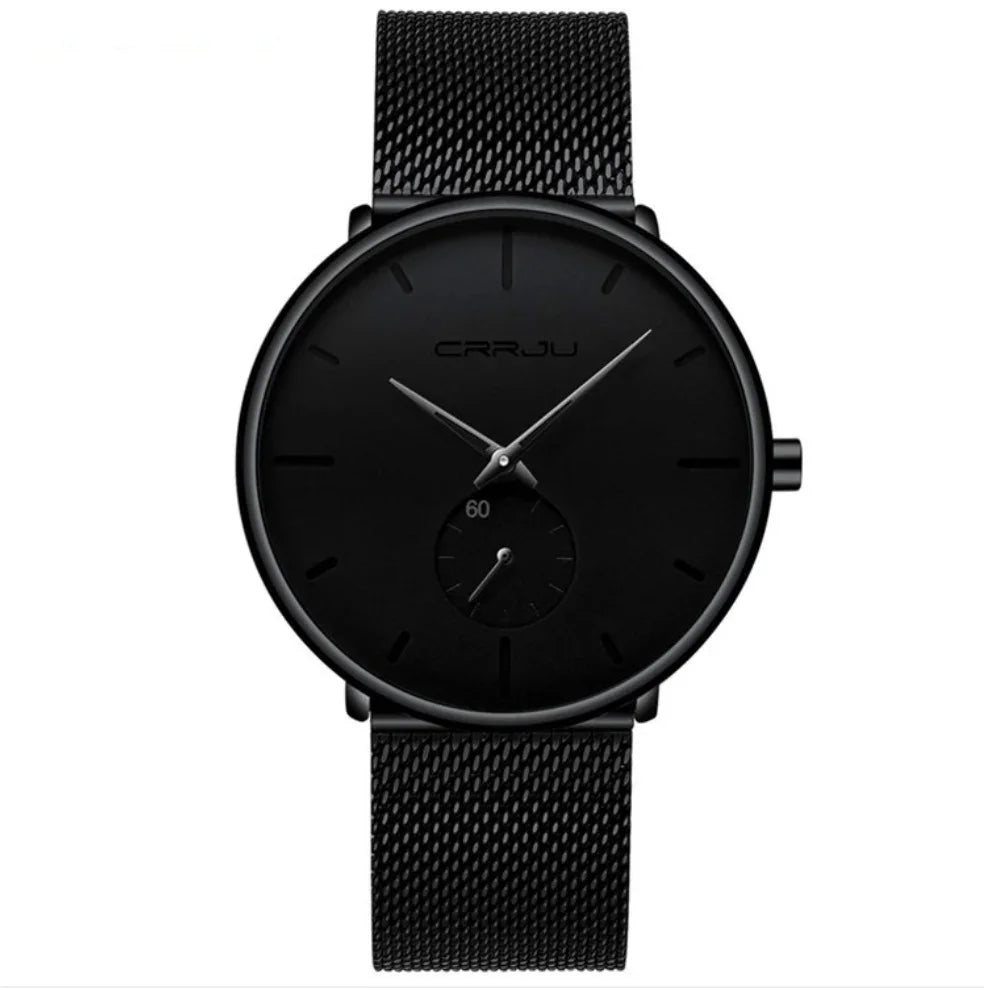 Minimalist black CRRJU wristwatch with mesh strap and small seconds subdial