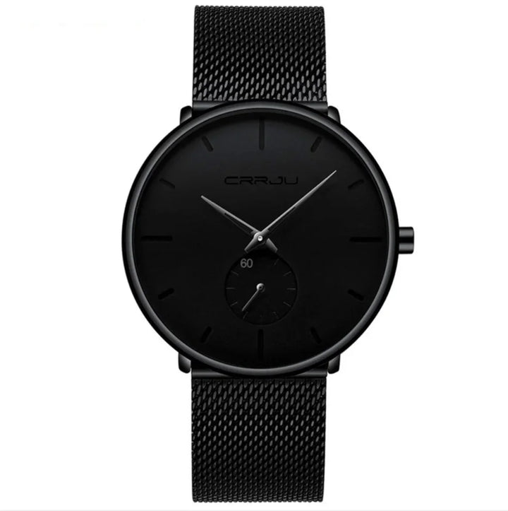 Minimalist black CRRJU wristwatch with mesh strap and small seconds subdial