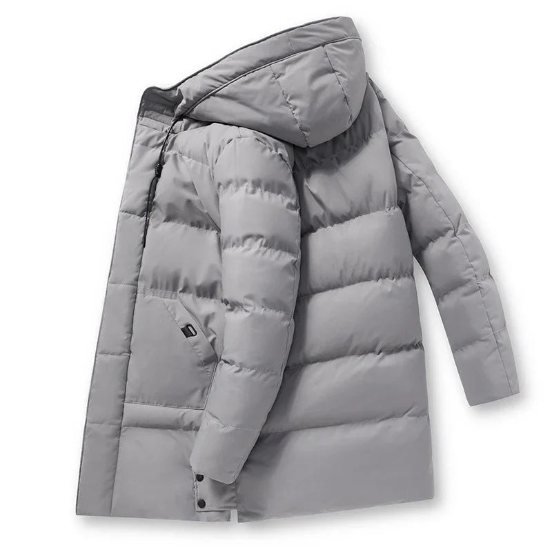 Light gray puffer jacket with hood and side pocket on white background