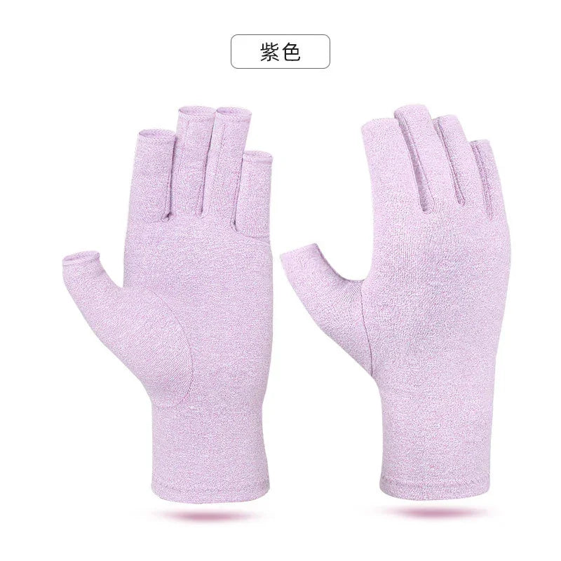 Pair of light purple fingerless gloves made of soft breathable fabric on white background
