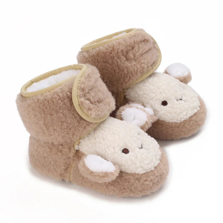soft brown and cream baby booties with lamb face design and ear details