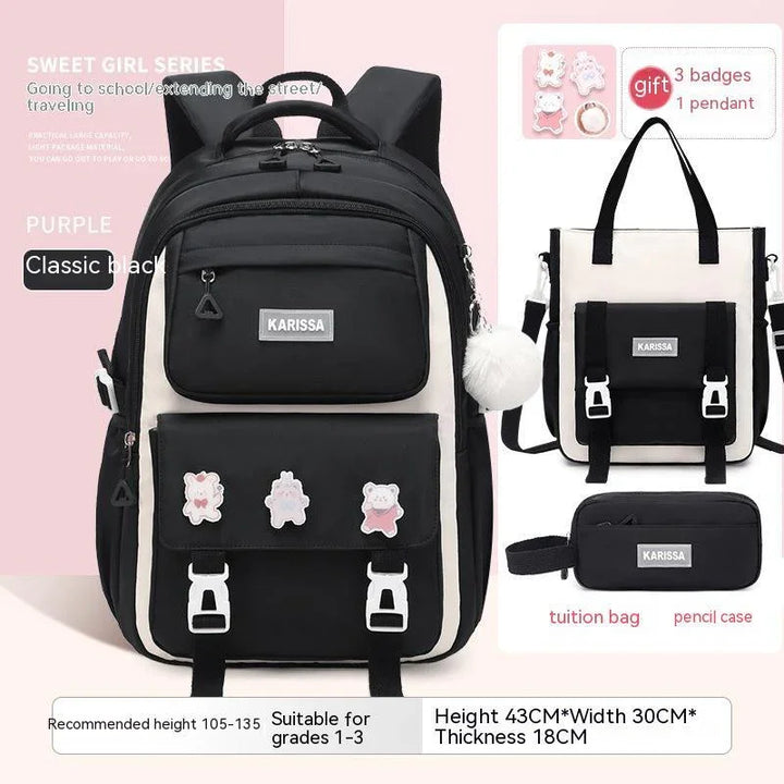 Black and white KARISSA backpack, tote bag, and pencil case set for school kids with cute badges
