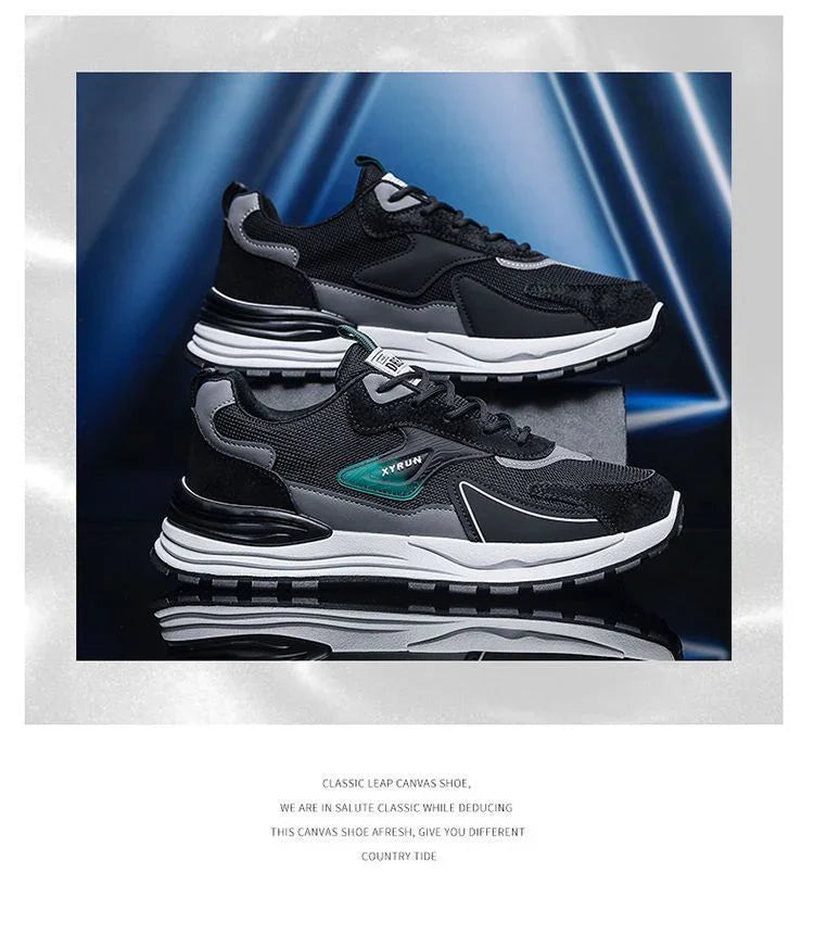 black and gray XYRUN running shoes with white soles on reflective surface and blue geometric background