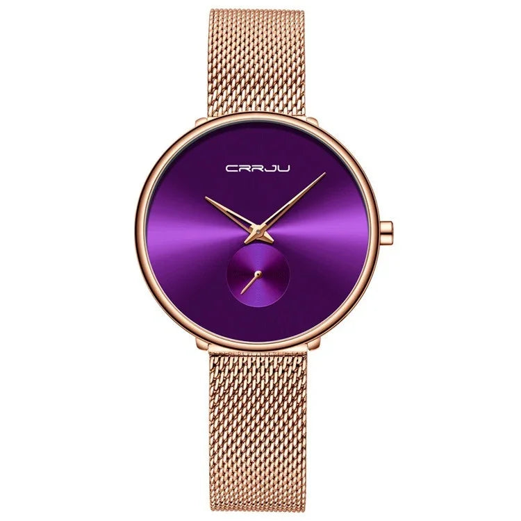 CRRJU rose gold mesh band wristwatch with vibrant purple dial and minimalistic design