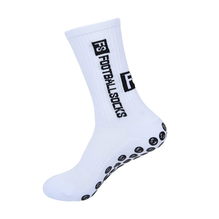 White crew sock with black F3 FOOTBALL STICKS logo and black grip dots on sole
