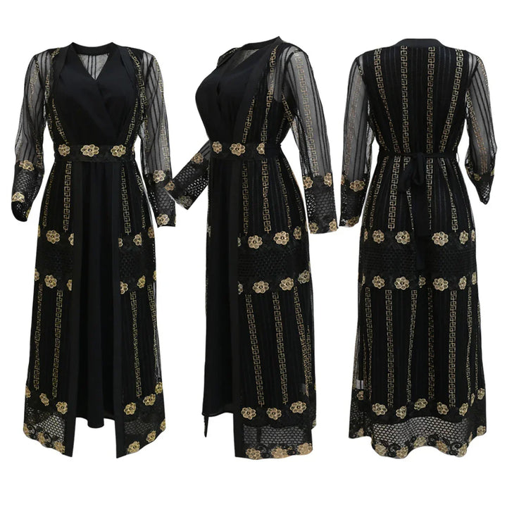 Black long dress with sheer sleeves, gold floral and geometric embroidery, front and back views