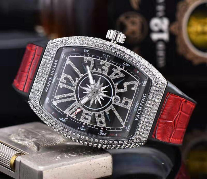 Franck Muller Yachting luxury watch with diamond bezel, black dial, and red leather strap