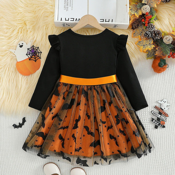 Halloween kids black and orange dress with bat and star patterns and orange waist ribbon