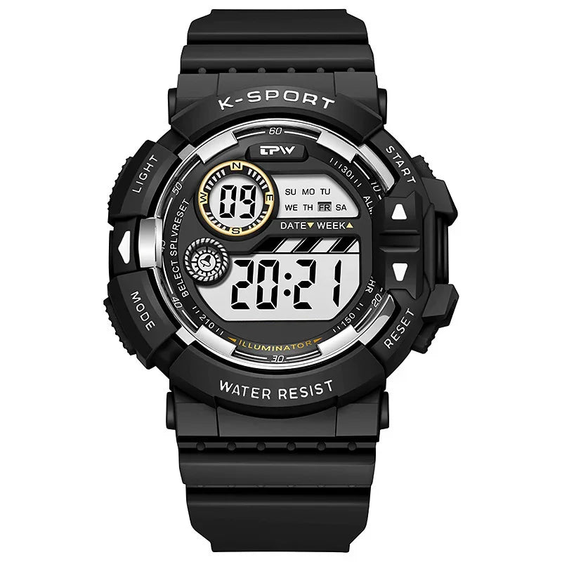 Black K-Sport digital sports watch with water resistance, LED illuminator, date, and week display