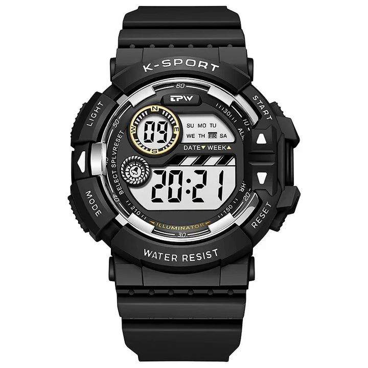 Black K-Sport digital sports watch with water resistance, LED illuminator, date, and week display