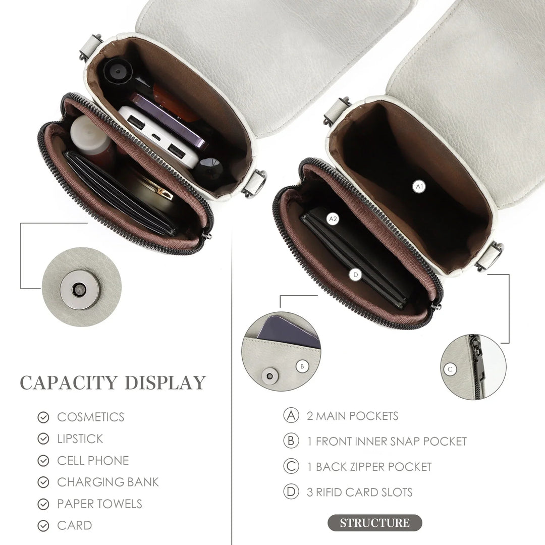 Open light gray leather crossbody bag showing organized compartments for cosmetics, phone, cards, and zipper pocket