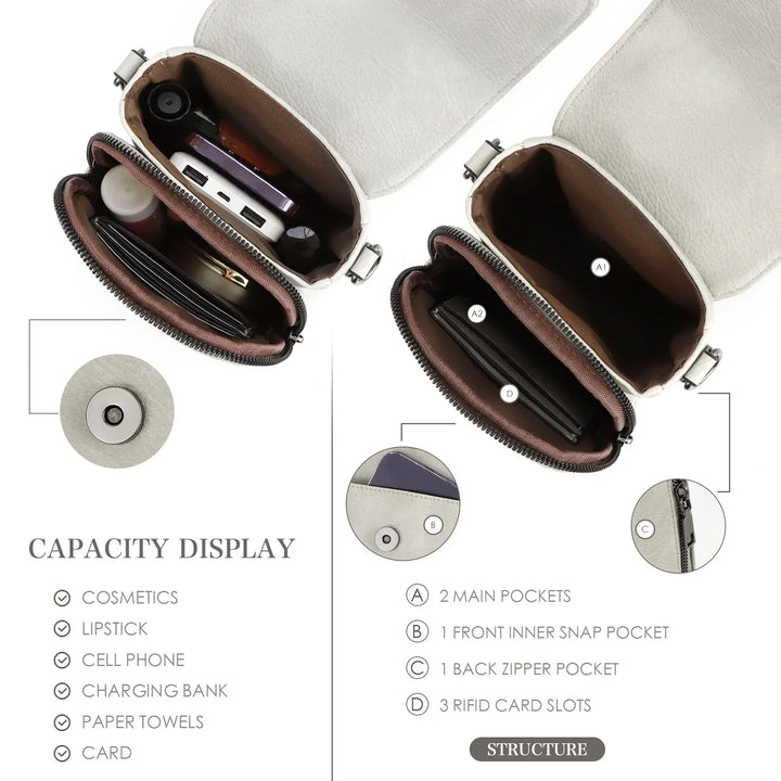 Open light gray leather crossbody bag showing organized compartments for cosmetics, phone, cards, and zipper pocket