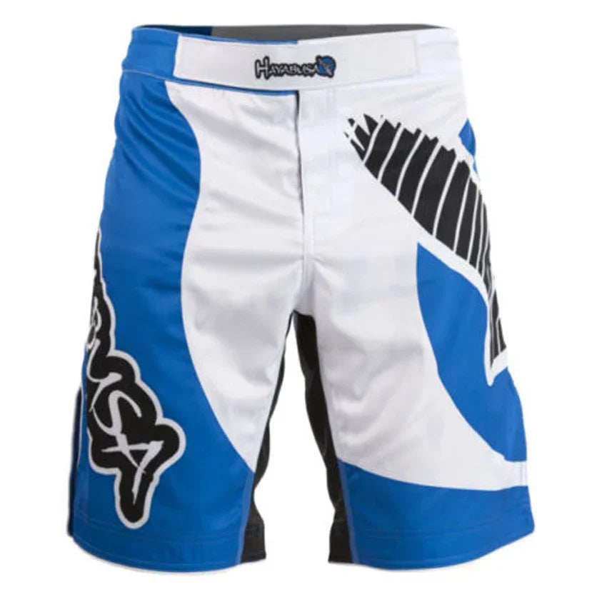 Blue and white Hayabusa fight shorts with black graphic design on white background