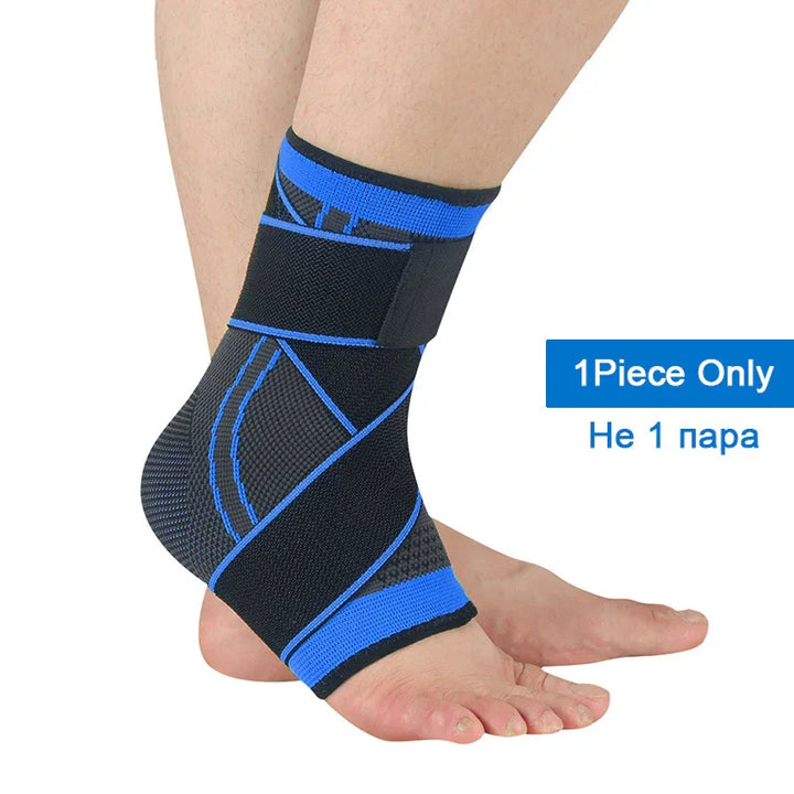 Black and blue ankle support brace compression sleeve on a foot, 1 piece only