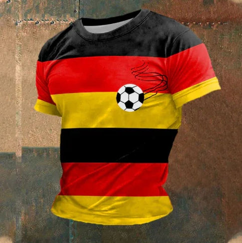 Soccer jersey with German flag stripes in black, red, and yellow featuring a soccer ball graphic