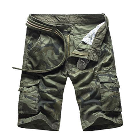 Men's green camouflage cargo shorts with multiple pockets and a striped belt