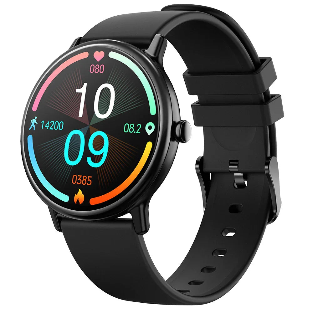 Black round fitness smartwatch with colorful activity rings and black silicone strap