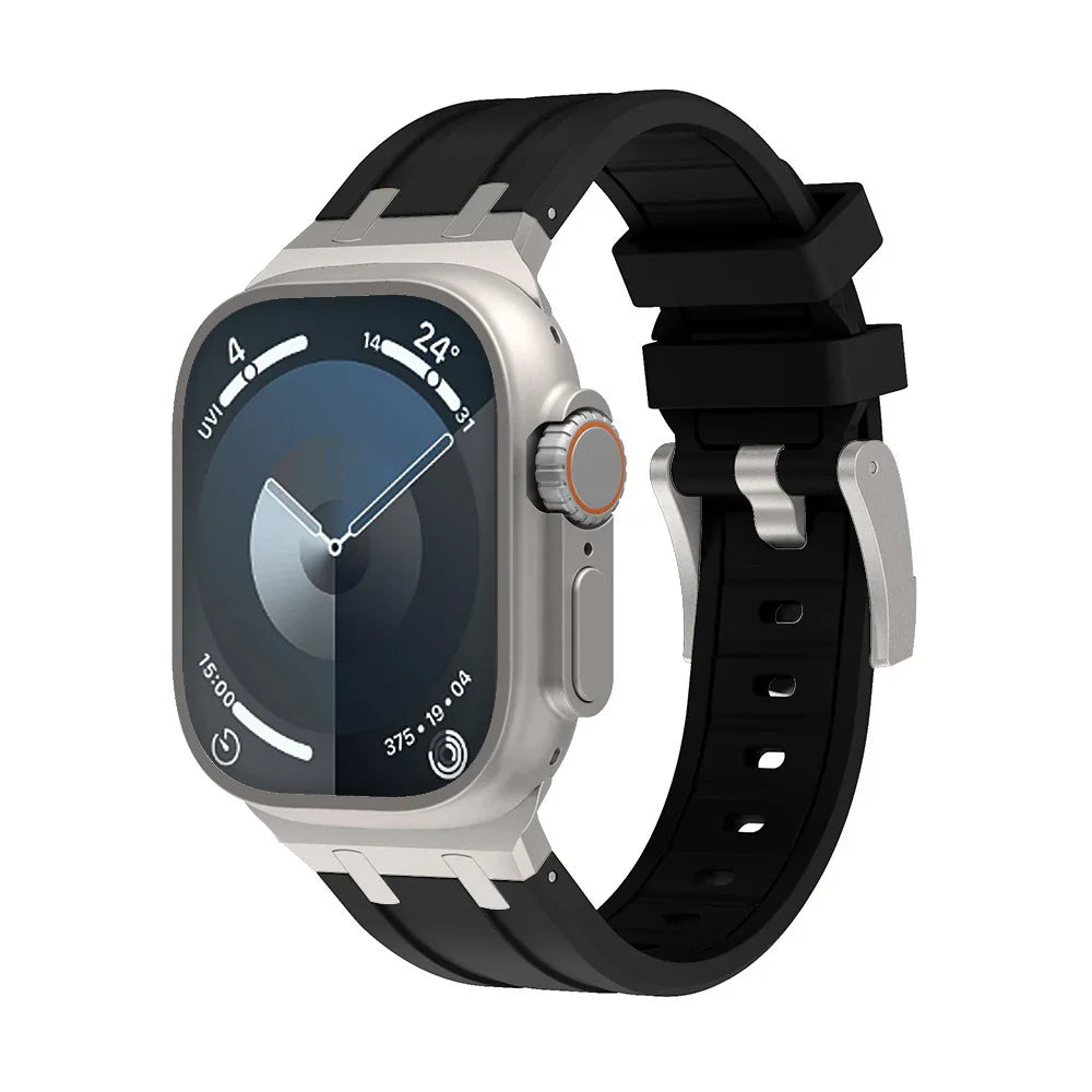 Silver smartwatch with a black strap displaying time and weather on digital round dial