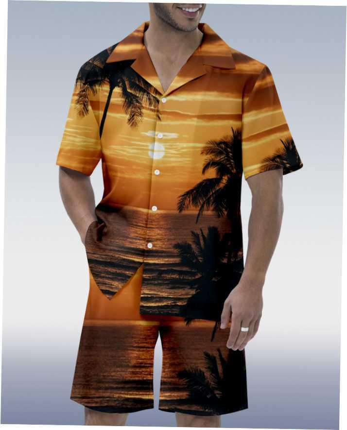 man wearing orange tropical sunset print Hawaiian shirt and matching shorts with palm trees