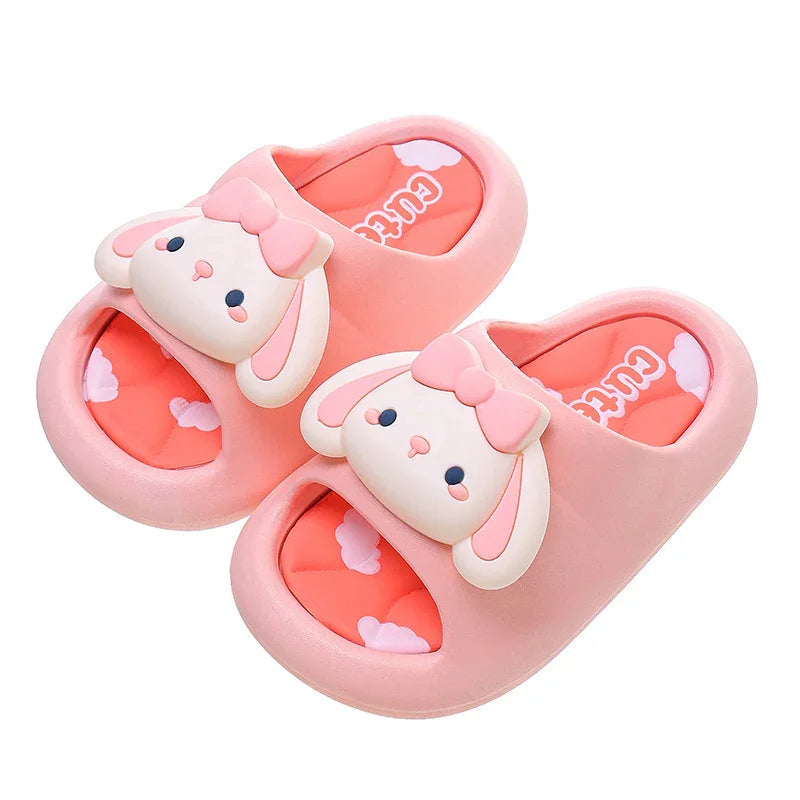 Pink cute bunny slippers with bow and cloud pattern, soft indoor shoes for women