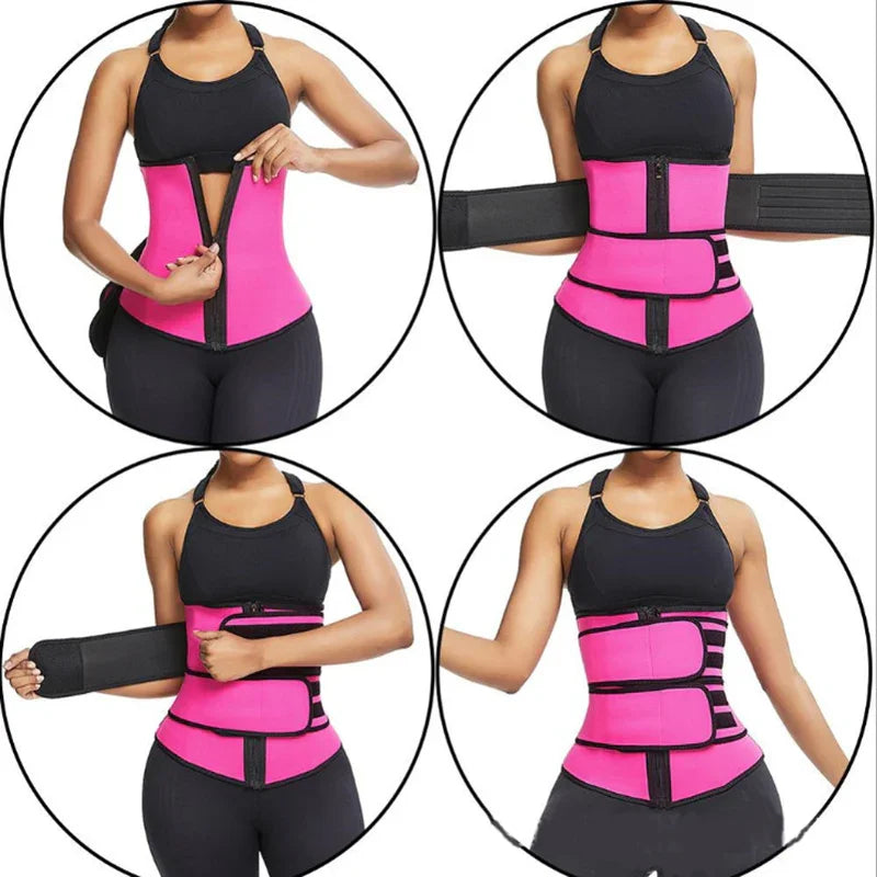 Woman demonstrating step-by-step wearing of pink waist trainer corset over black workout clothes