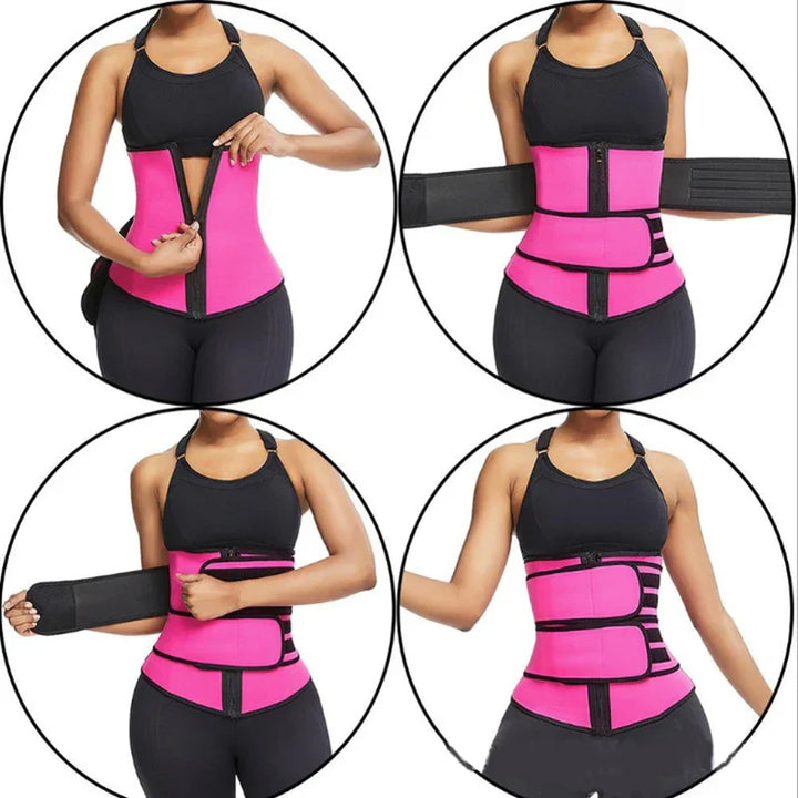 Woman demonstrating step-by-step wearing of pink waist trainer corset over black workout clothes