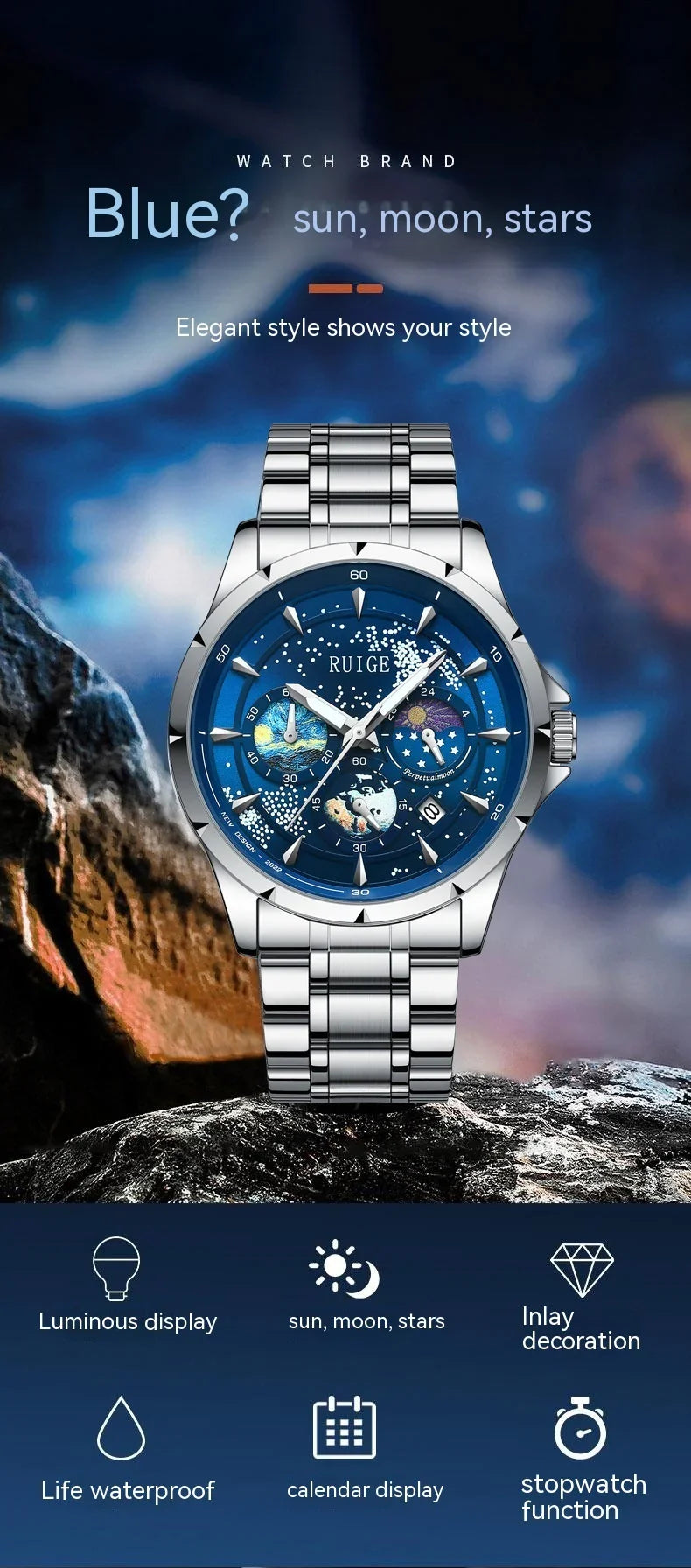 RUIGE blue dial stainless steel watch with sun, moon, and star inlay, luminous display, waterproof