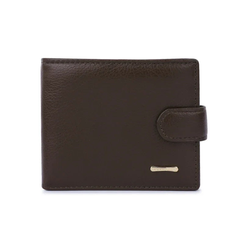 Brown leather wallet with snap button closure and small gold logo detail on white background