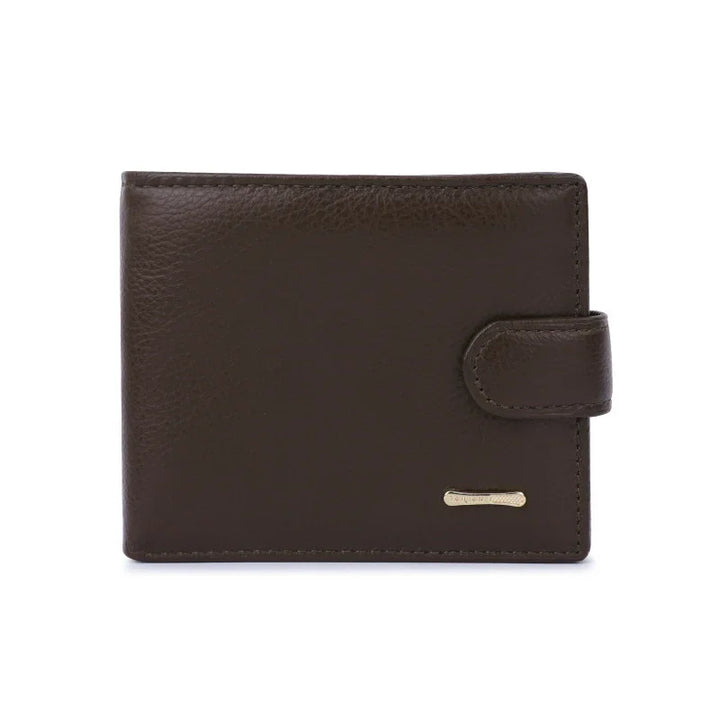 Brown leather wallet with snap button closure and small gold logo detail on white background