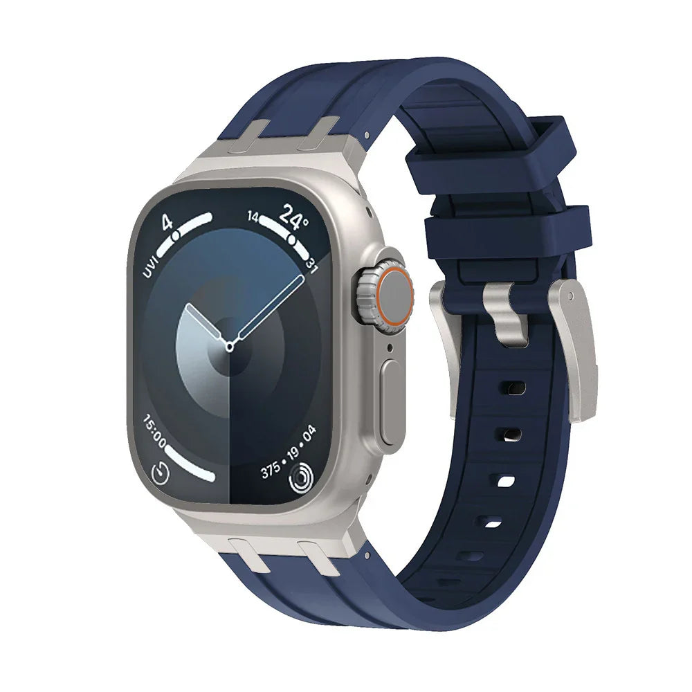 Silver smartwatch with navy blue silicone strap displaying temperature and activity metrics on screen