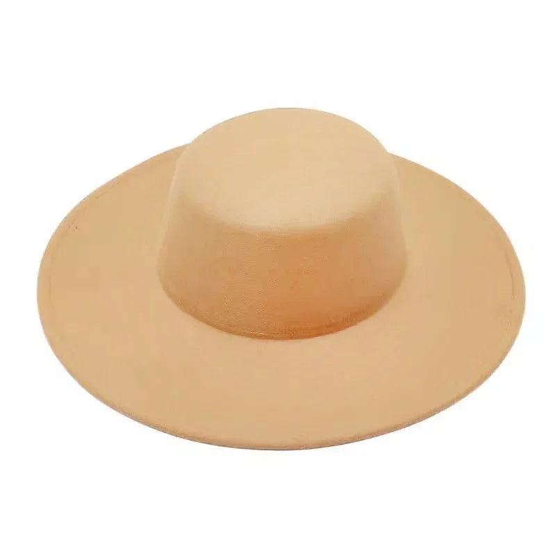 Beige wide-brimmed fedora hat with a flat crown on white background