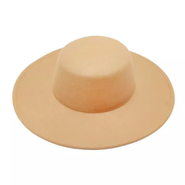 Beige wide-brimmed fedora hat with a flat crown on white background