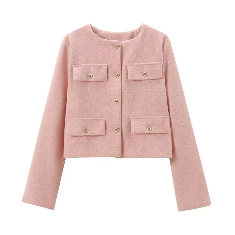 Pink cropped women's jacket with long sleeves, round neckline, front buttons, and four flap pockets