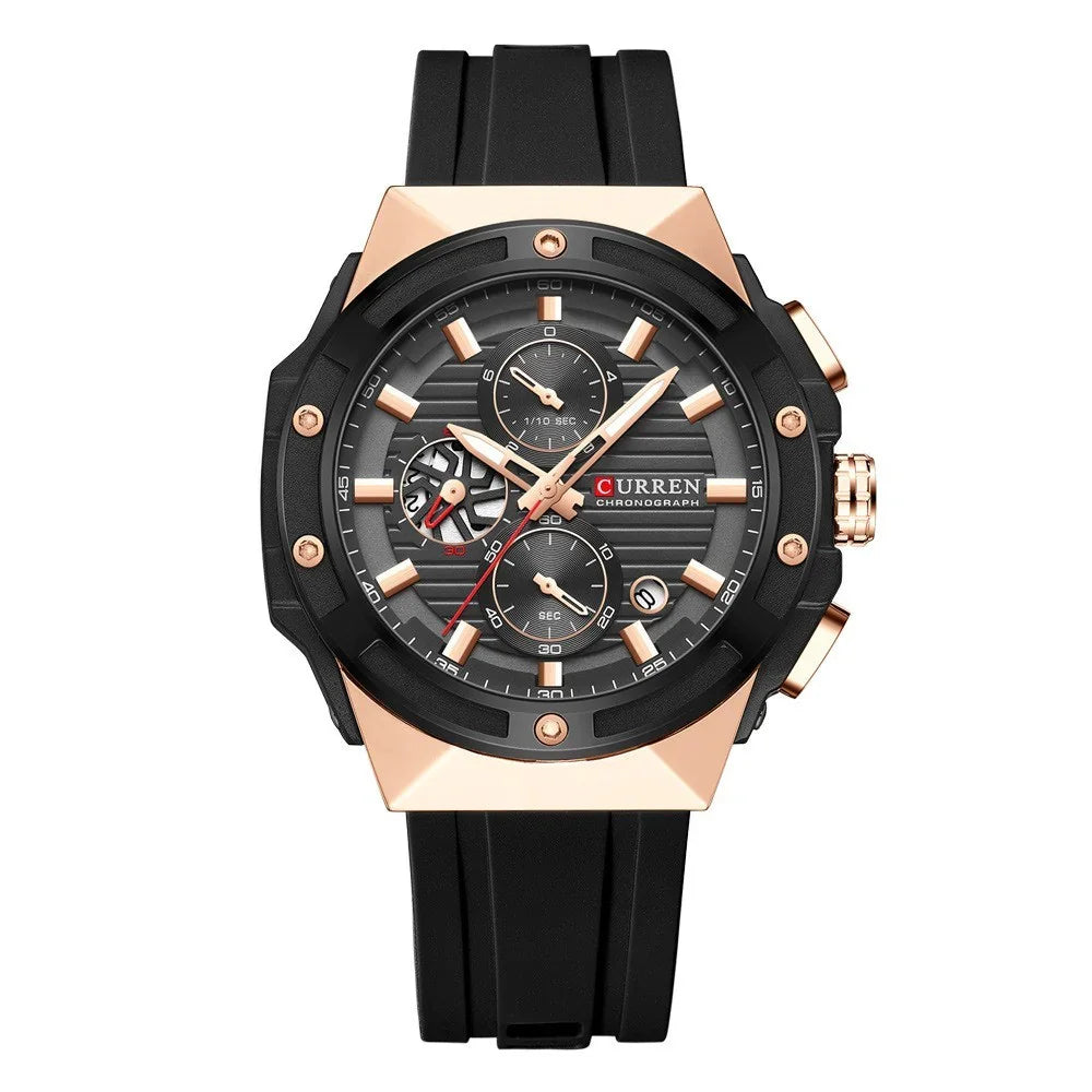 Curren chronograph men's wristwatch with black dial, rose gold case, and black silicone strap