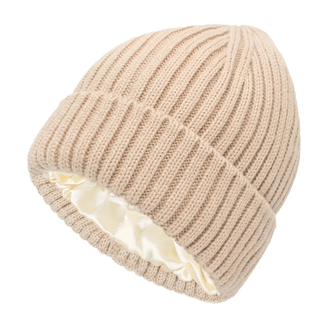 Beige ribbed knit beanie hat with soft satin lining inside