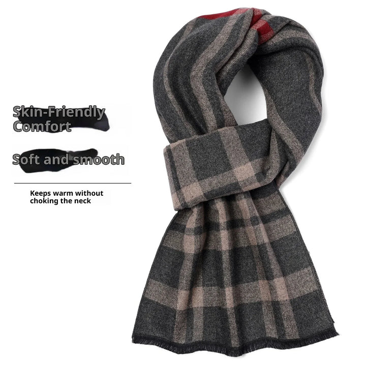 Gray and beige plaid scarf with text emphasizing skin-friendly comfort and soft warmth