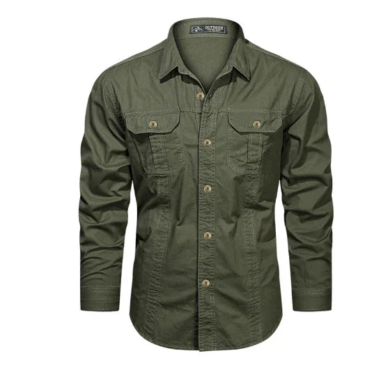 olive green long-sleeve button-up outdoor shirt with flap chest pockets