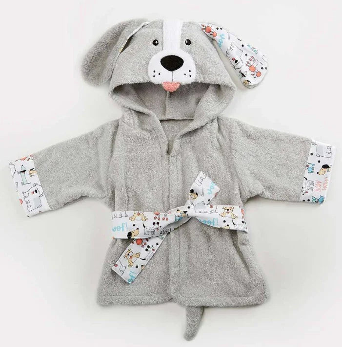 Gray baby bathrobe with dog face hood, floppy ears, printed dog pattern cuffs and belt
